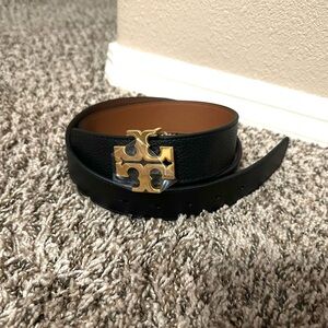 Tory Burch Black Leather Belt with Gold Buckle